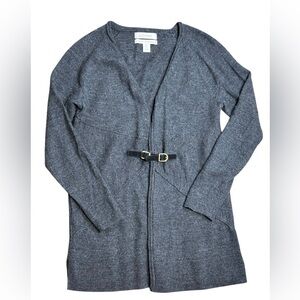 Ellen Tracy Tunic Sweater 100% Merino Wool Cardigan Women Gray Long Sleeve Belt